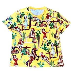 NWOT Women’s Retro Cowgirl Print Short Sleeved Satiny Top Blouse Yellow Size 2XL